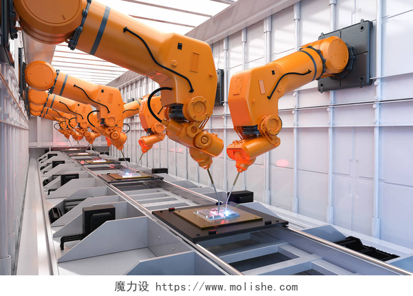橙色的机械手臂工厂机器人装配线自动化产业的概念